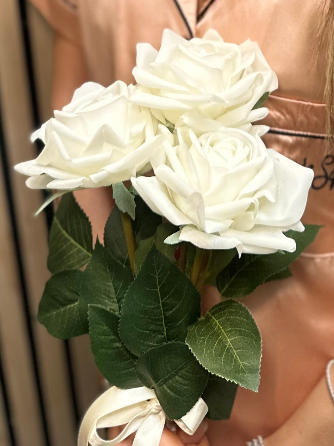 white bridesmaid real touch rose bouquet
