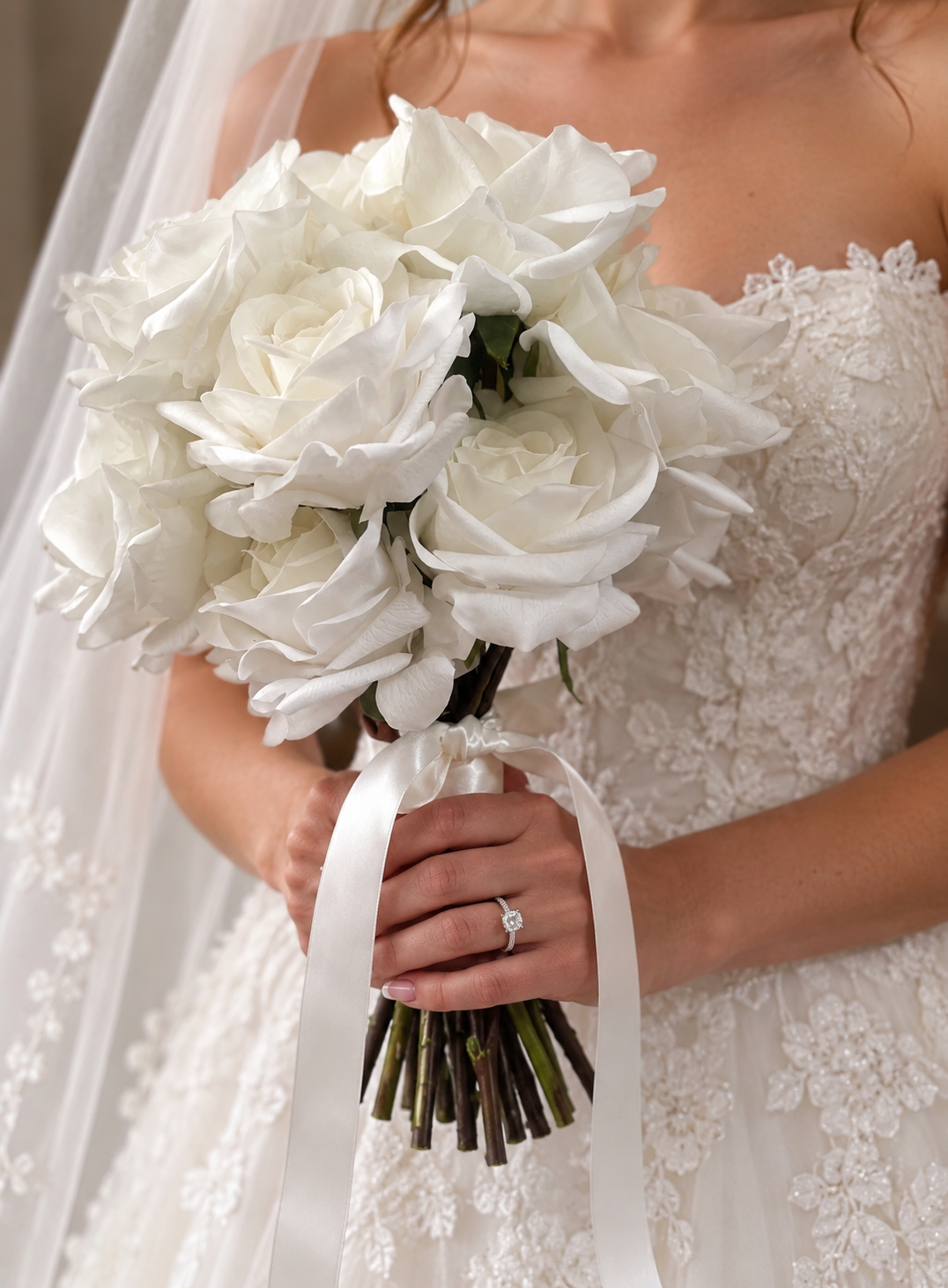 Luxury Artificial White Rose Bridal Bouquet & 5 Buttonhole Wedding Package