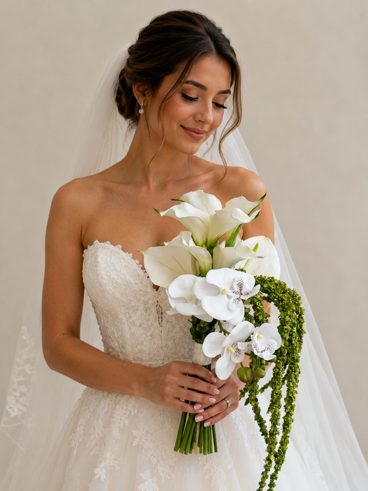 Artificial bridal bouquet featuring white calla lily and orchid flowers 