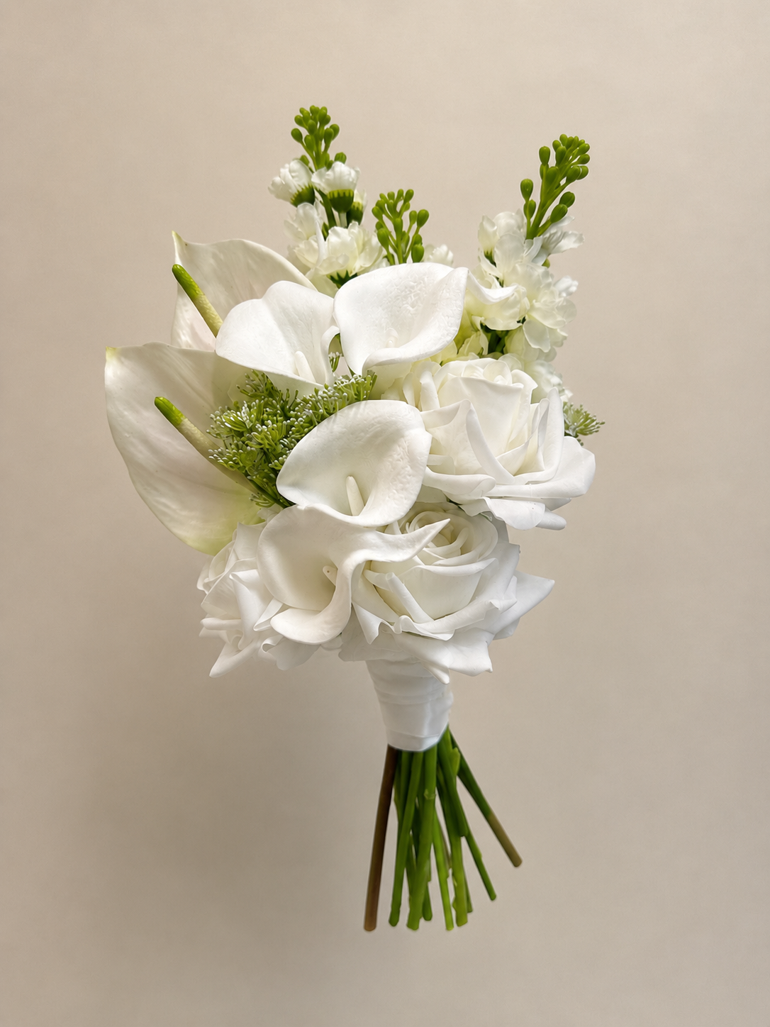 White rose, Calla lily & Stock flower Bridal Bouquet