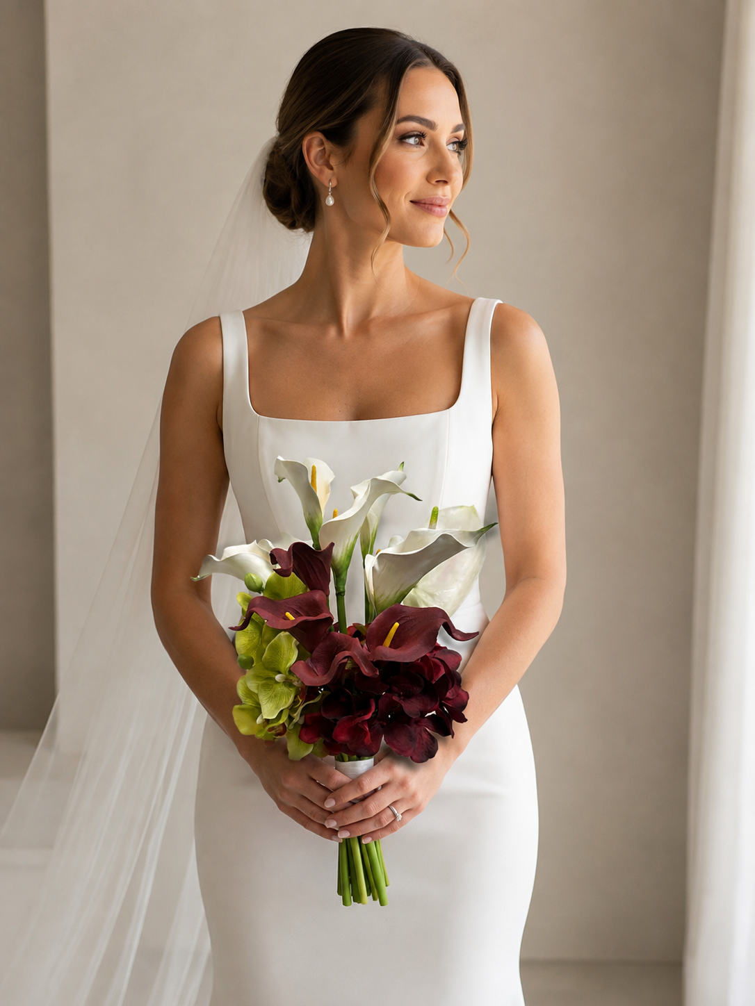 Merlot Artificial Bridal Bouquet – Orchid, Hydrangea, Calla Lily & Anthurium