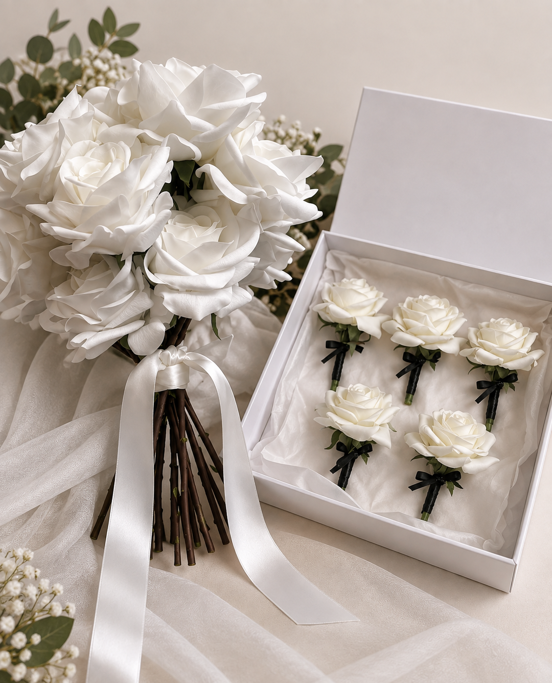 Luxury Artificial White Rose Bridal Bouquet & 5 Buttonhole Wedding Package