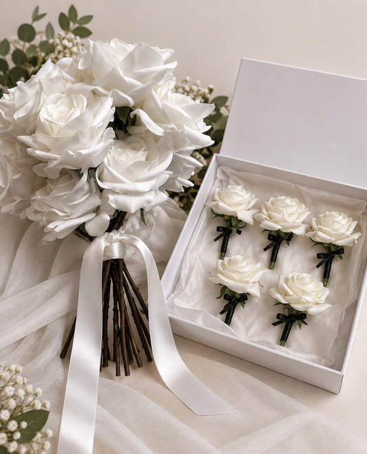 Luxury Artificial White Rose Bridal Bouquet & 5 Buttonhole Wedding Package