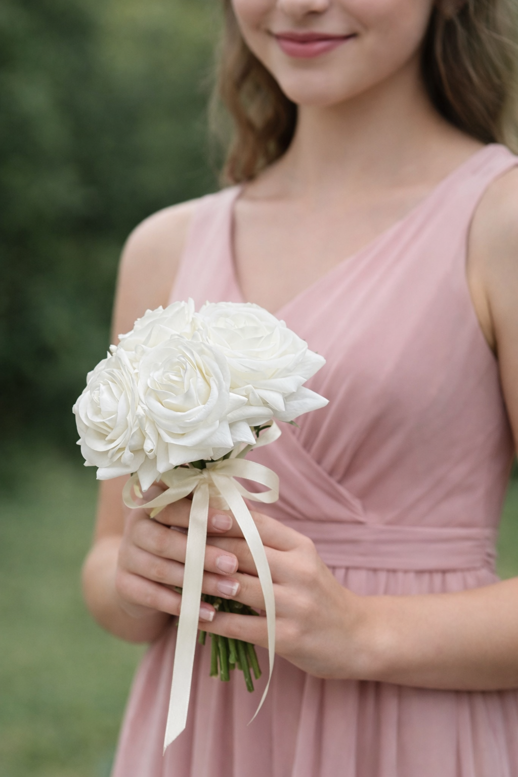 Close-up of artificial real touch white roses in a bridesmaid posy