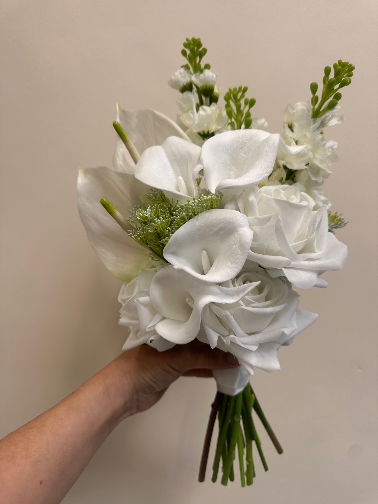 White rose, Calla lily & Stock flower Bridal Bouquet