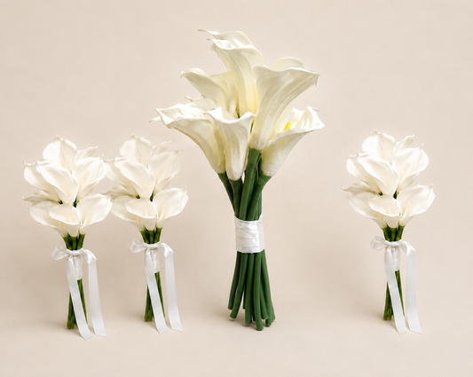 Four white artificial calla lily flower bouquets tied with white ribbons, arranged on a plain beige background.