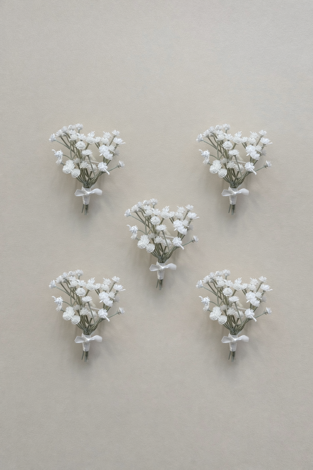 Artificial gypsophila corsage or buttonhole on safety pin backing for groom and groomsmen