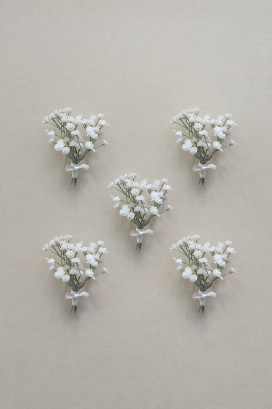 Artificial gypsophila corsage or buttonhole on safety pin backing for groom and groomsmen