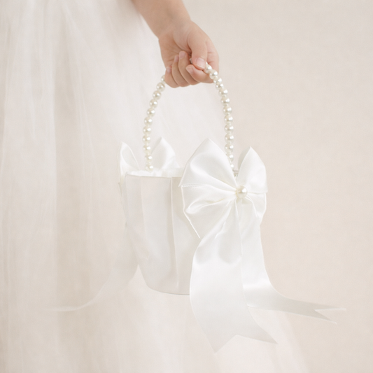 Elegant Satin Flower Girl Basket with Pearl Handle