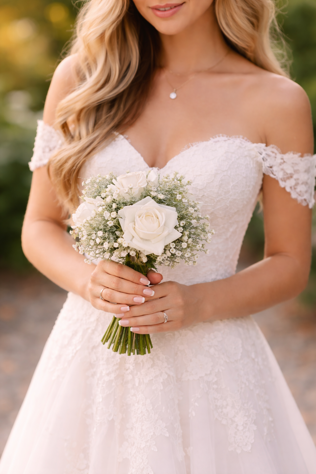 White Rose and Baby’s breath bridal bouquet