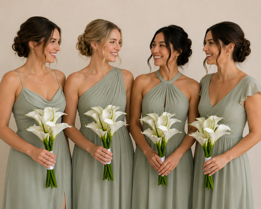 Four bridesmaids wearing matching sage green dresses hold artificial white calla lily bouquets against a plain beige background.