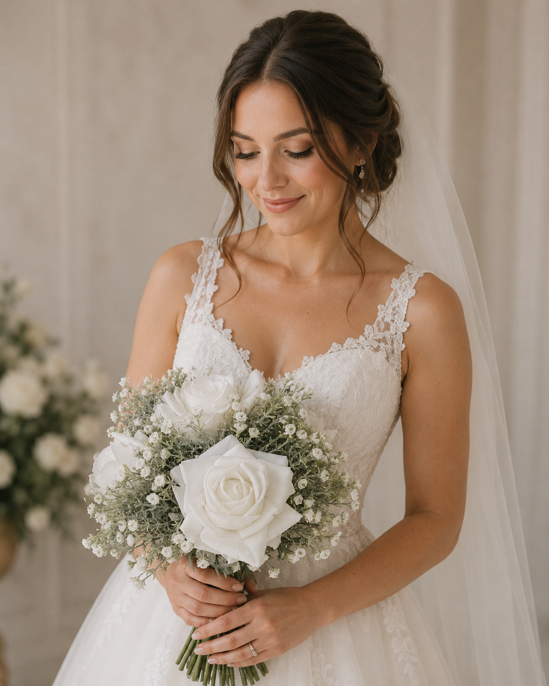 White Rose and Gypsophila Bridal Bouquet