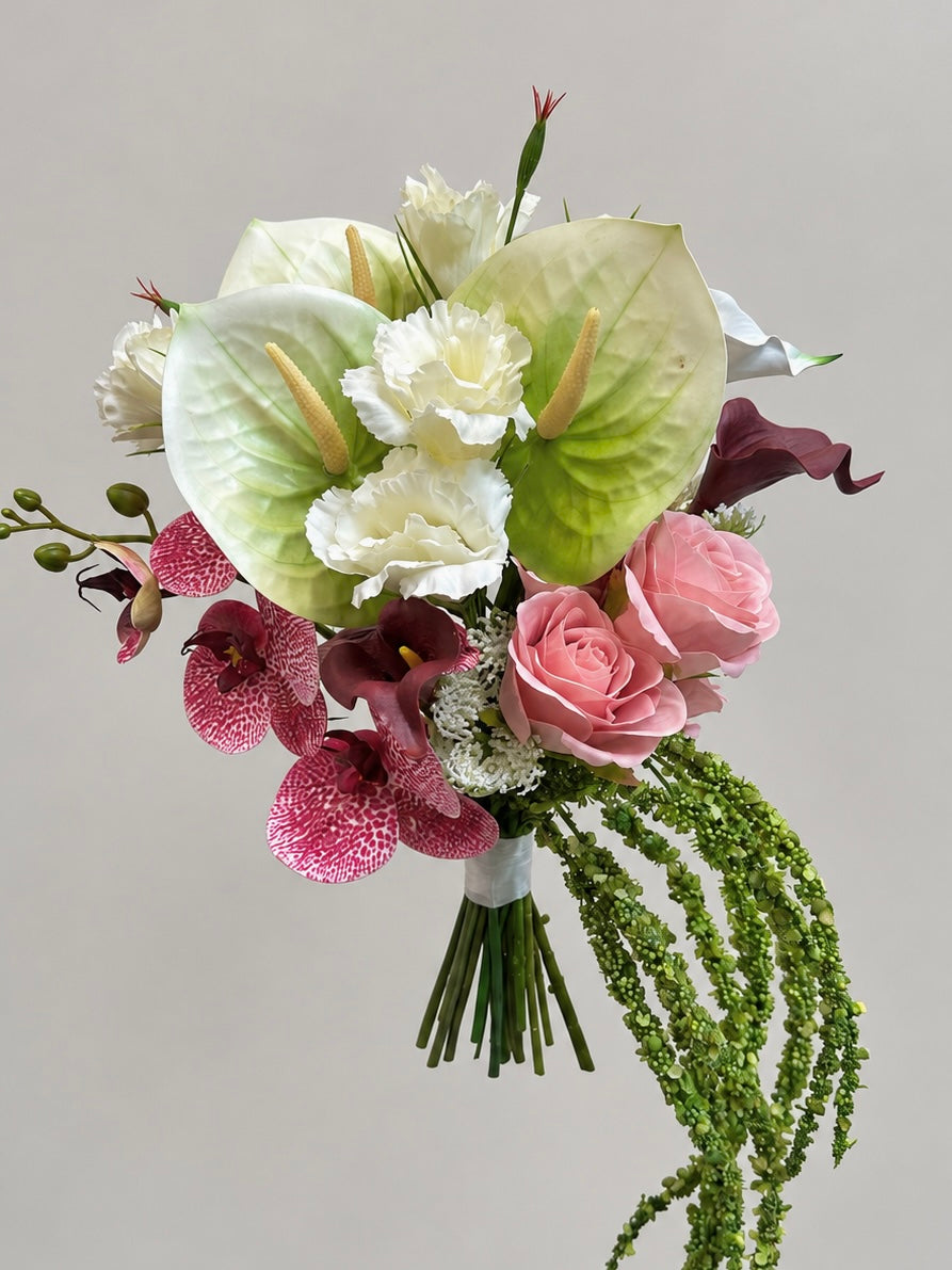 Pink Rose, Anthurium & Orchid - Luxury Cascading Artificial Wedding Bouquet