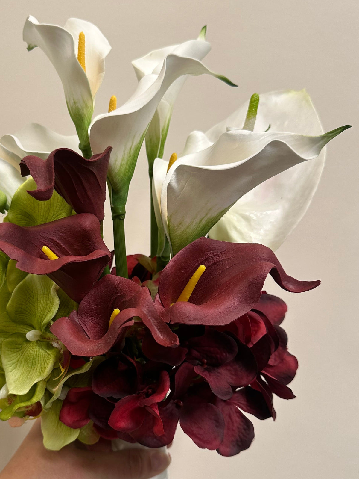 Burgundy Bridal Bouquet – Orchid, Hydrangea, Calla Lily & Anthurium