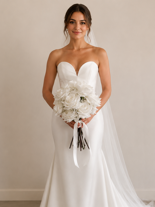 Luxury bridal bouquet with 12 real touch white roses, hand-tied with ivory satin ribbon, on a clean background