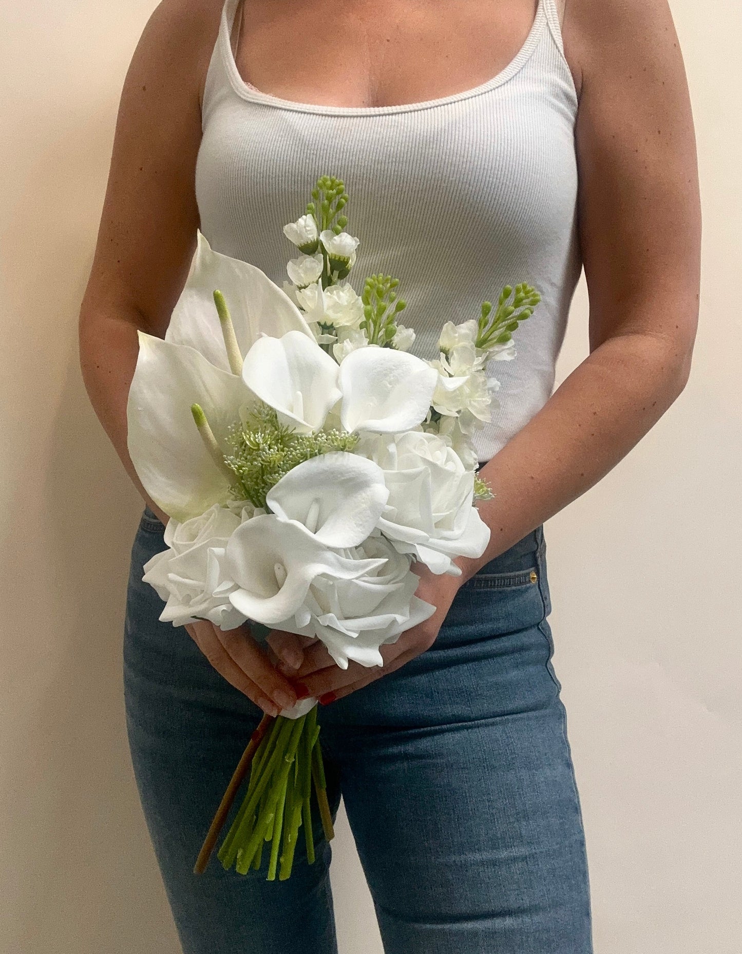 White rose, Calla lily & Stock flower Bridal Bouquet