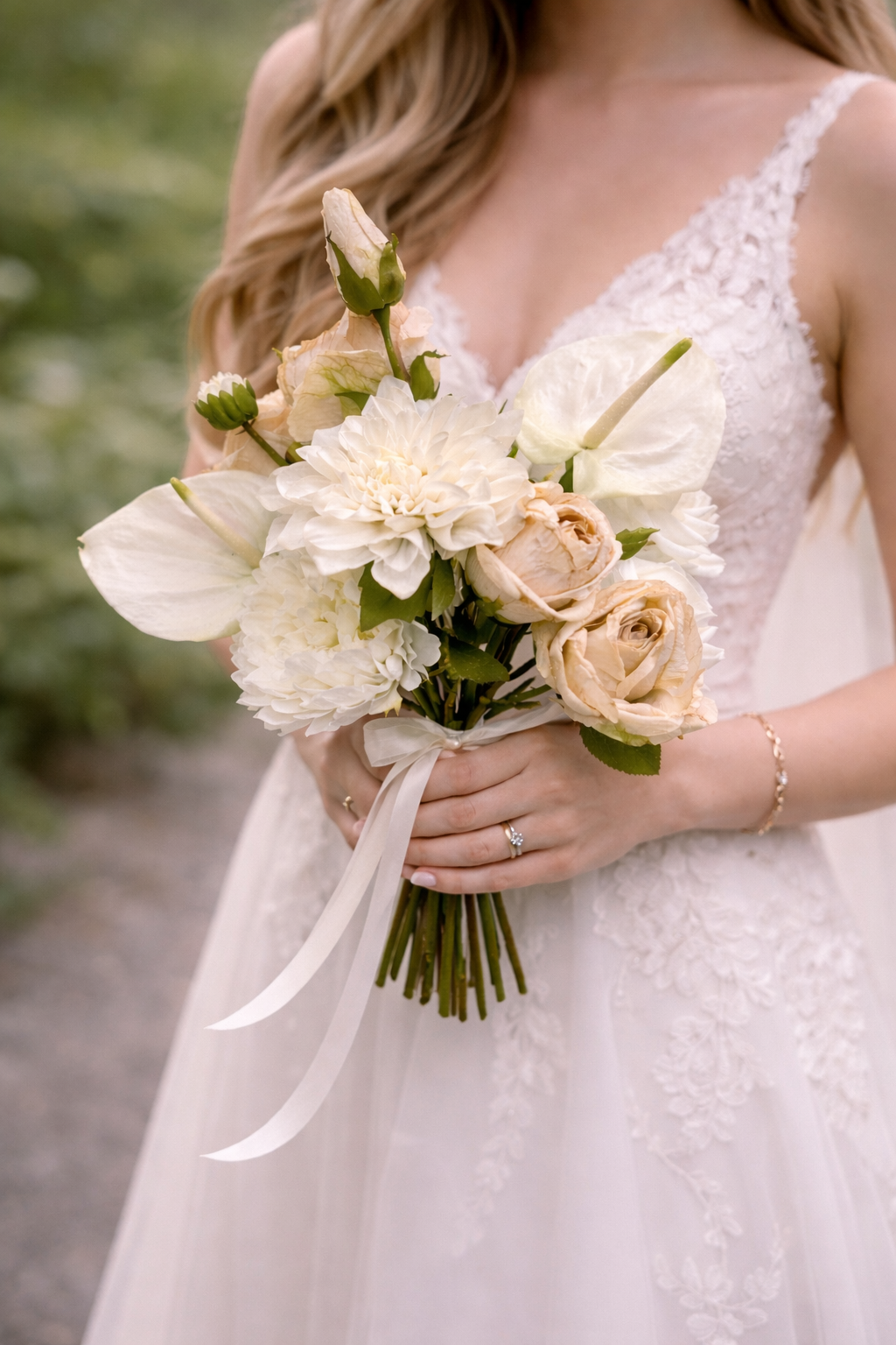 Bride holding a nude and cream artificial bridal bouquet with roses, dahlias and peonies