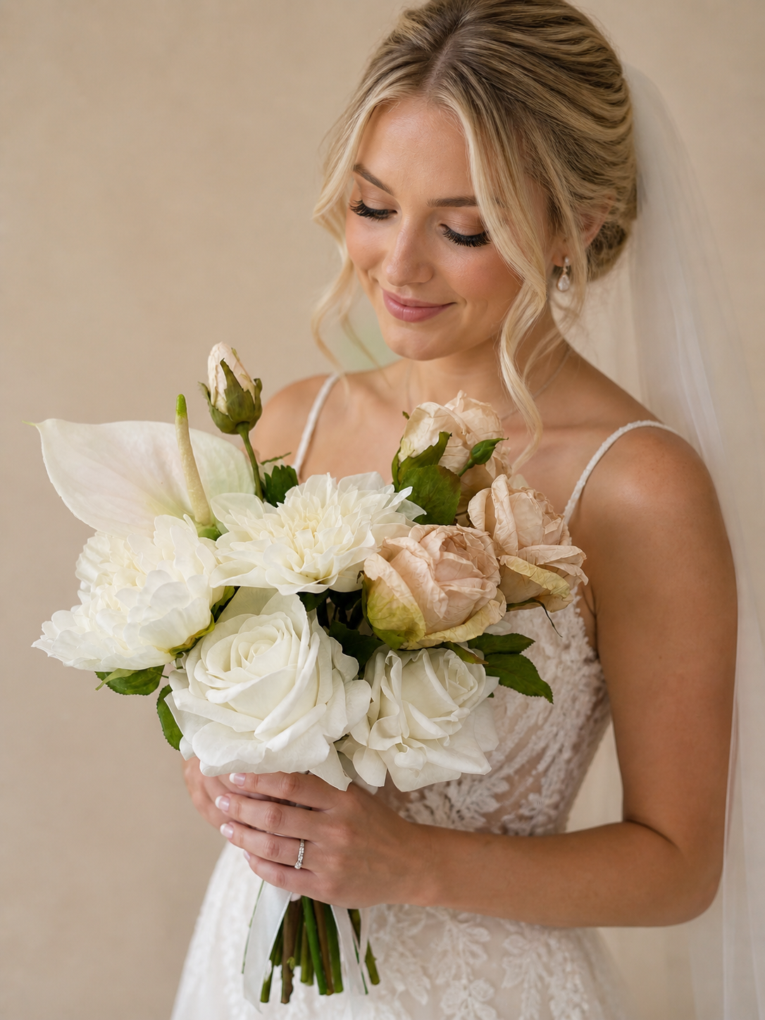 Nude Rose, Creamy Dahlia & Peony Artificial Bridal Bouquet