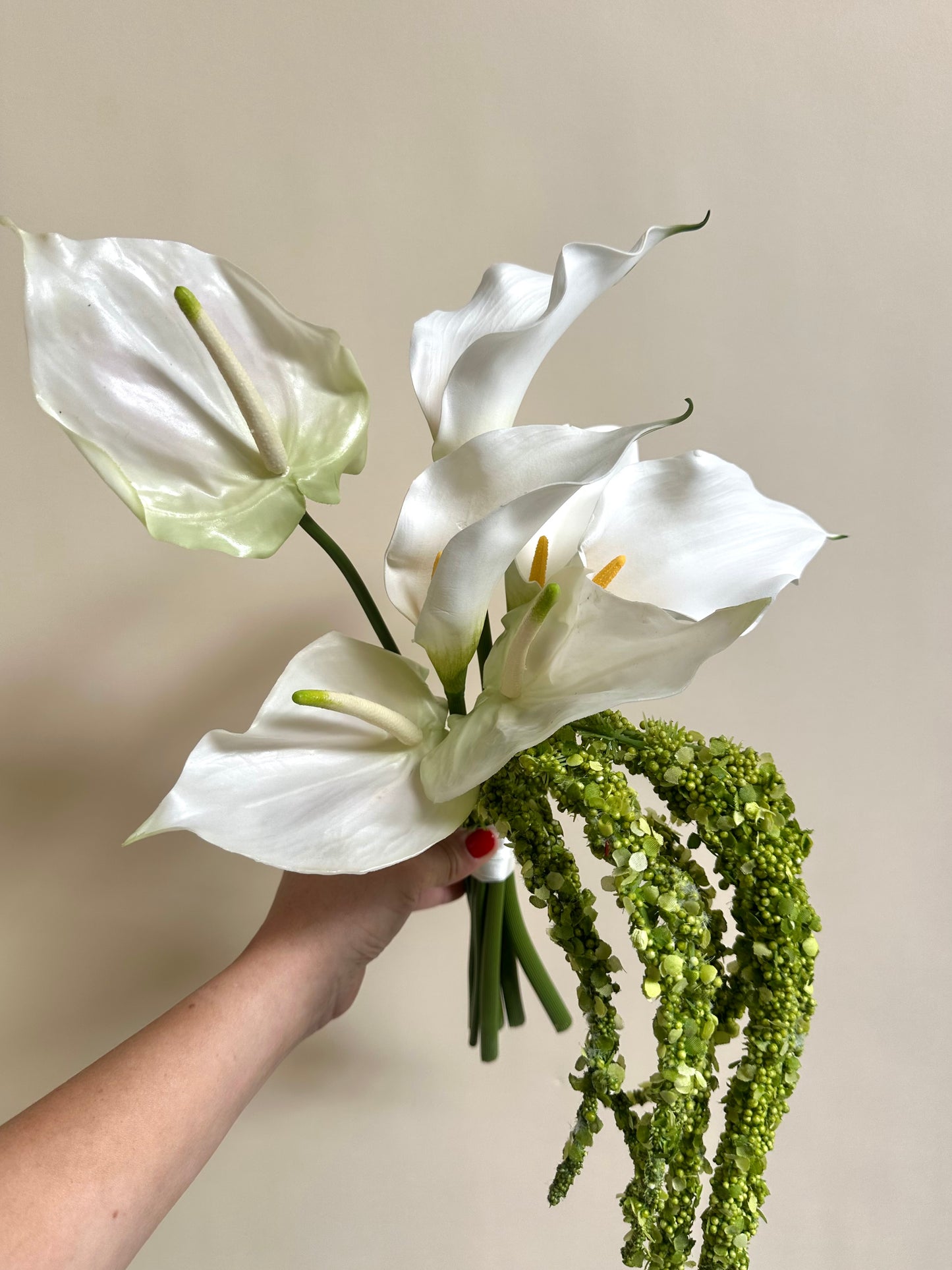 Artificial Calla Lily & Anthurium Bridesmaid Bouquet with Trailing Amaranthus – Modern Wedding Flowers
