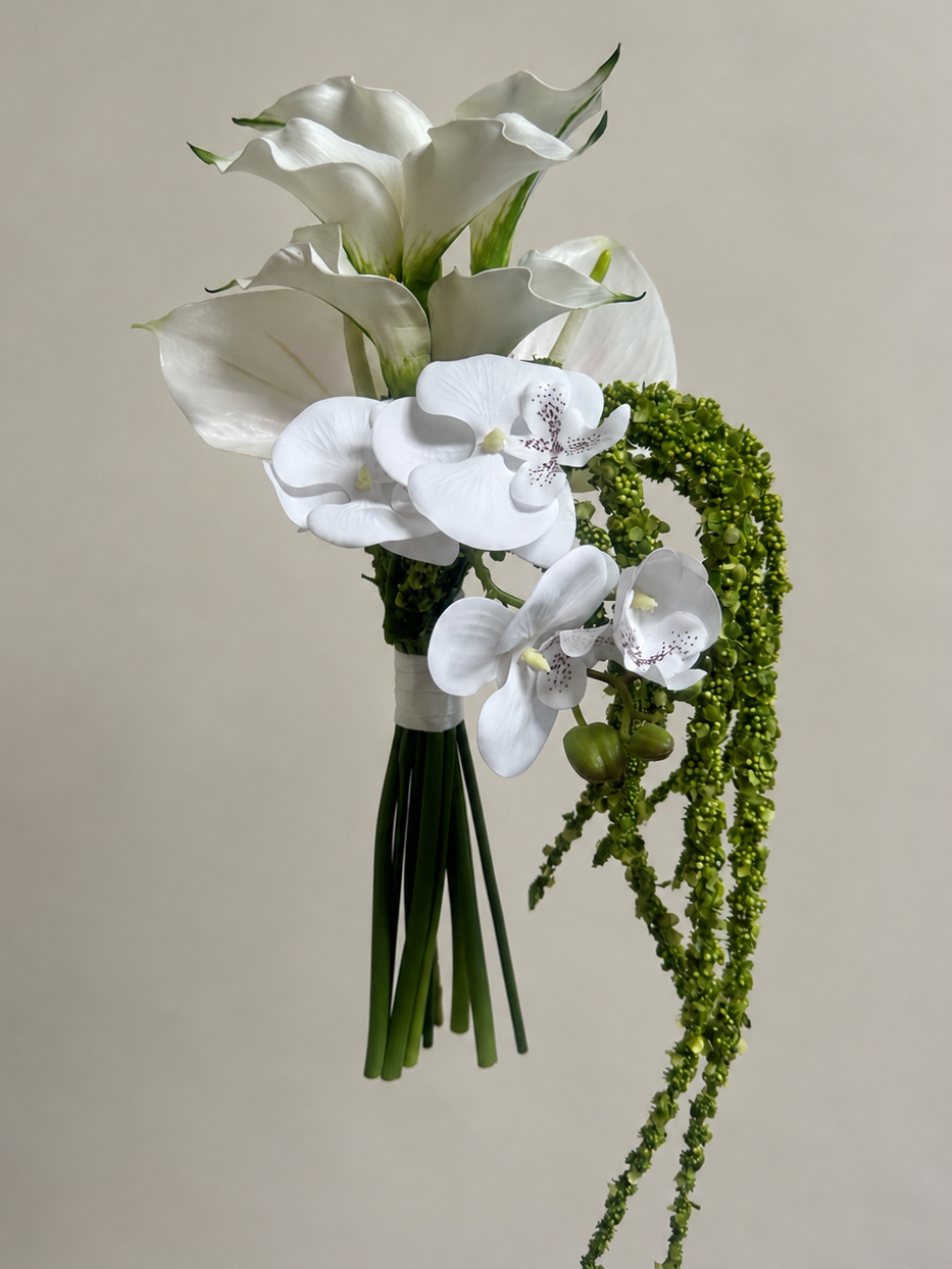 Artificial bridal bouquet with white calla lily and white orchid 