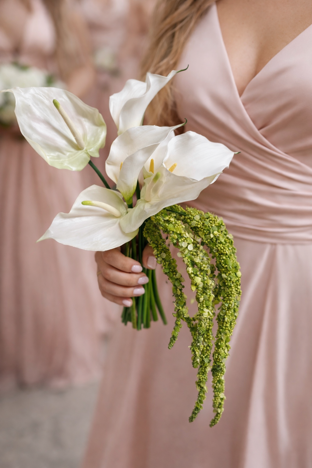 Artificial Calla Lily & Anthurium Bridesmaid Bouquet with Trailing Amaranthus – Modern Wedding Flowers