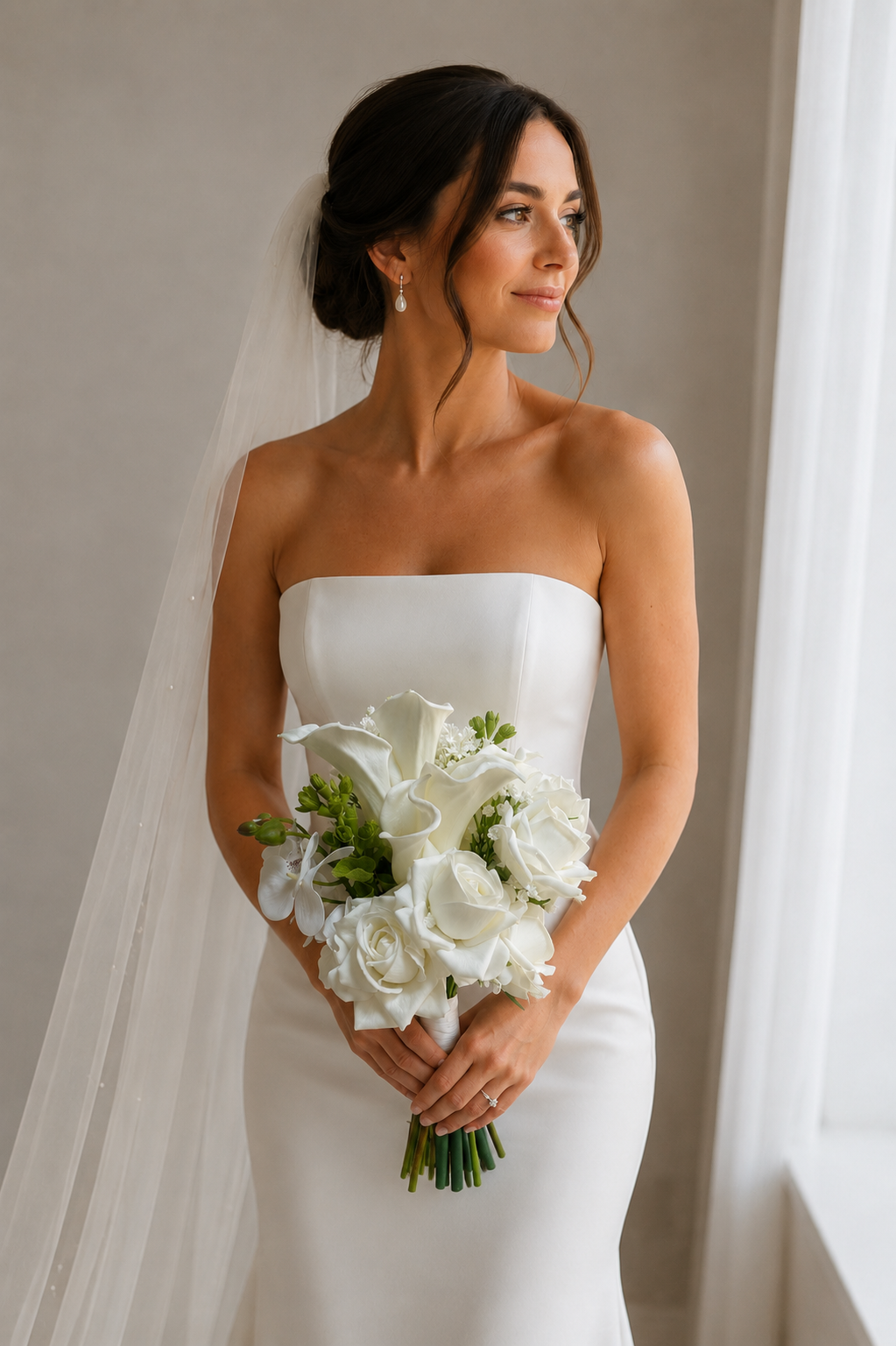 White Calla Lily & Rose Artificial Bridal Bouquet