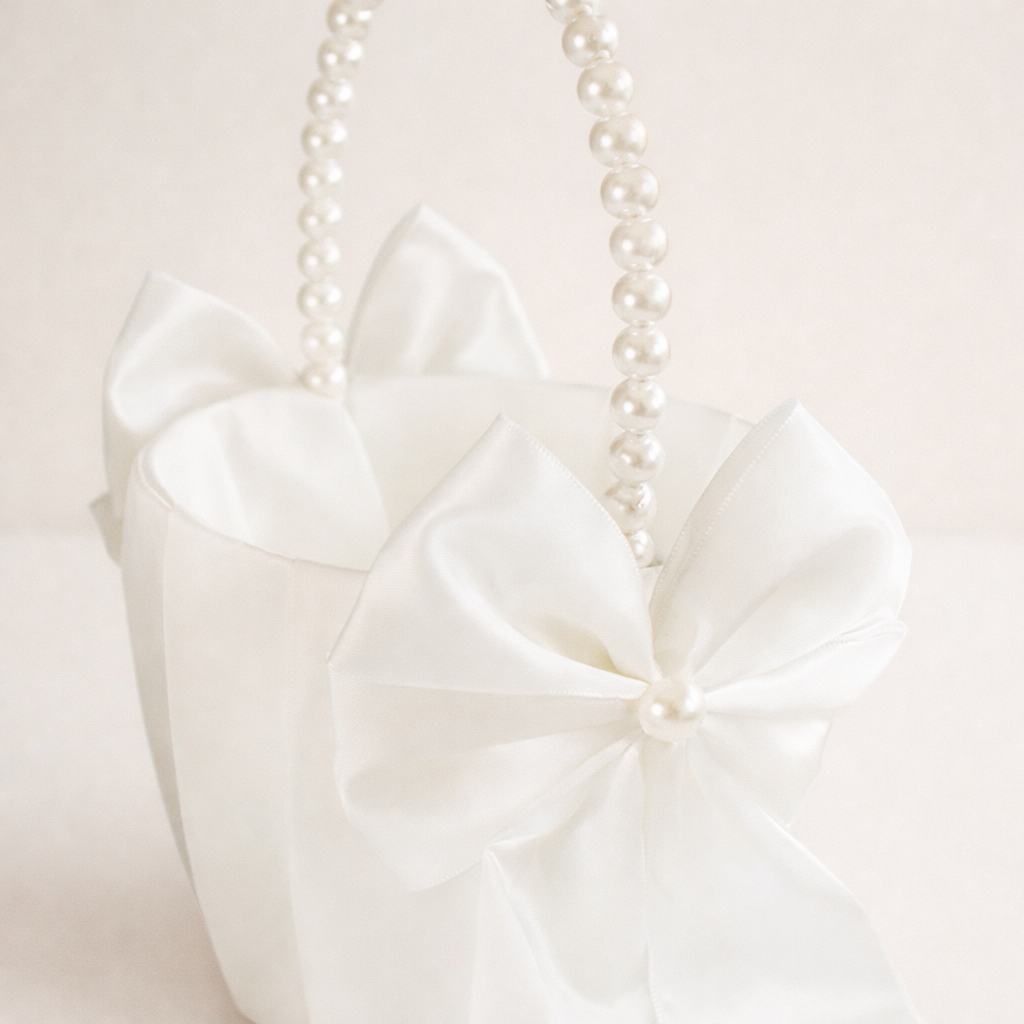 Elegant Satin Flower Girl Basket with Pearl Handle