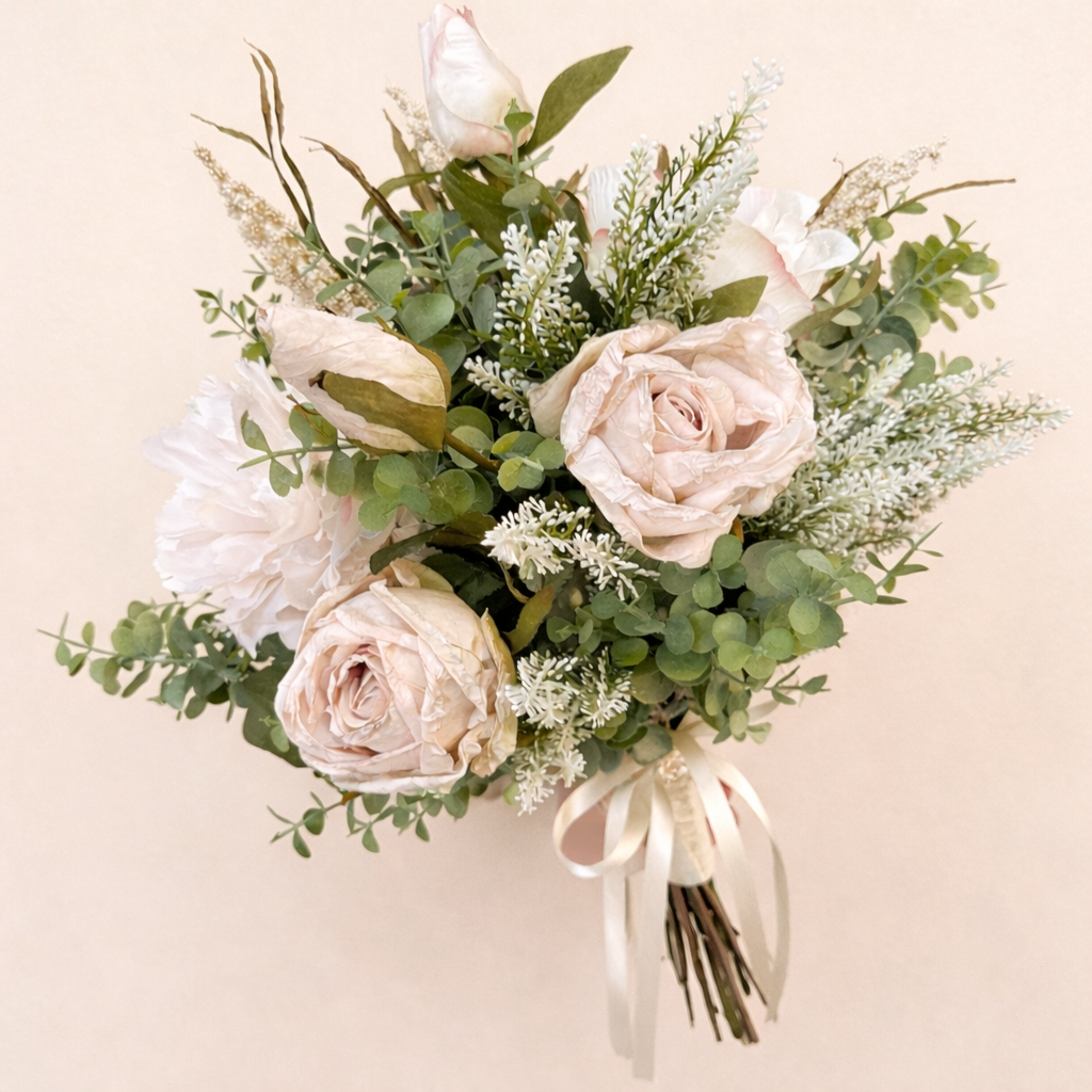 Nude & Cream Rose and Peony Bridal Bouquet with Eucalyptus