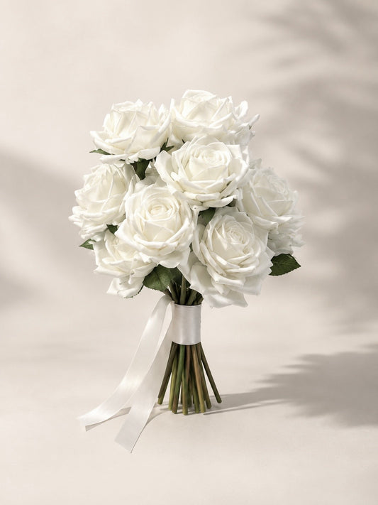 Luxury Long Stem - White Real Touch Rose Bridal Bouquet
