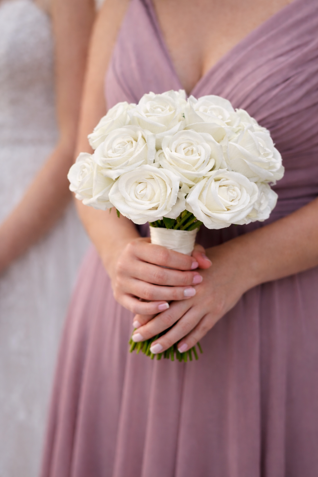 Classic White Rose Artificial Wedding Bouquet Package – Bridesmaid Bouquet & Buttonhole Set