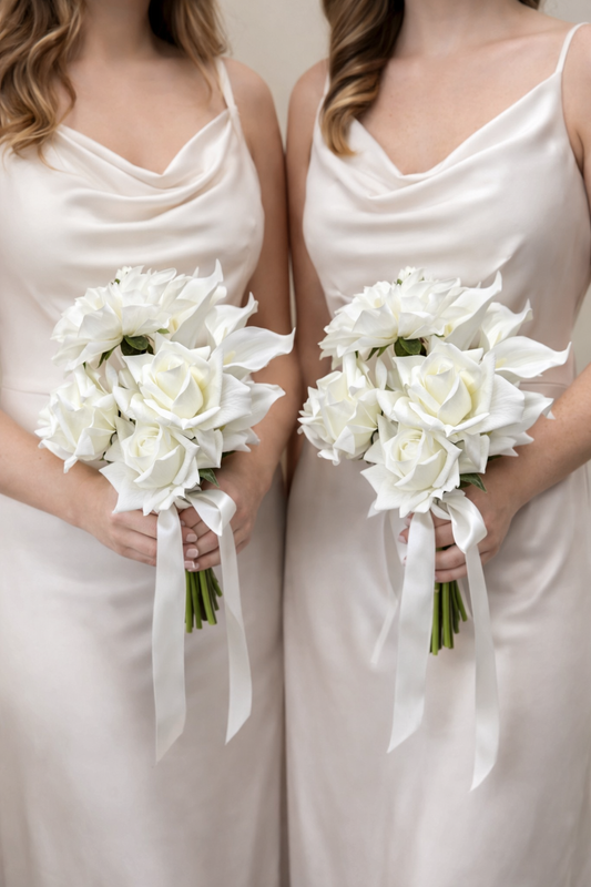 White Real Touch Rose & Calla Lilly Bridesmaid Bouquet