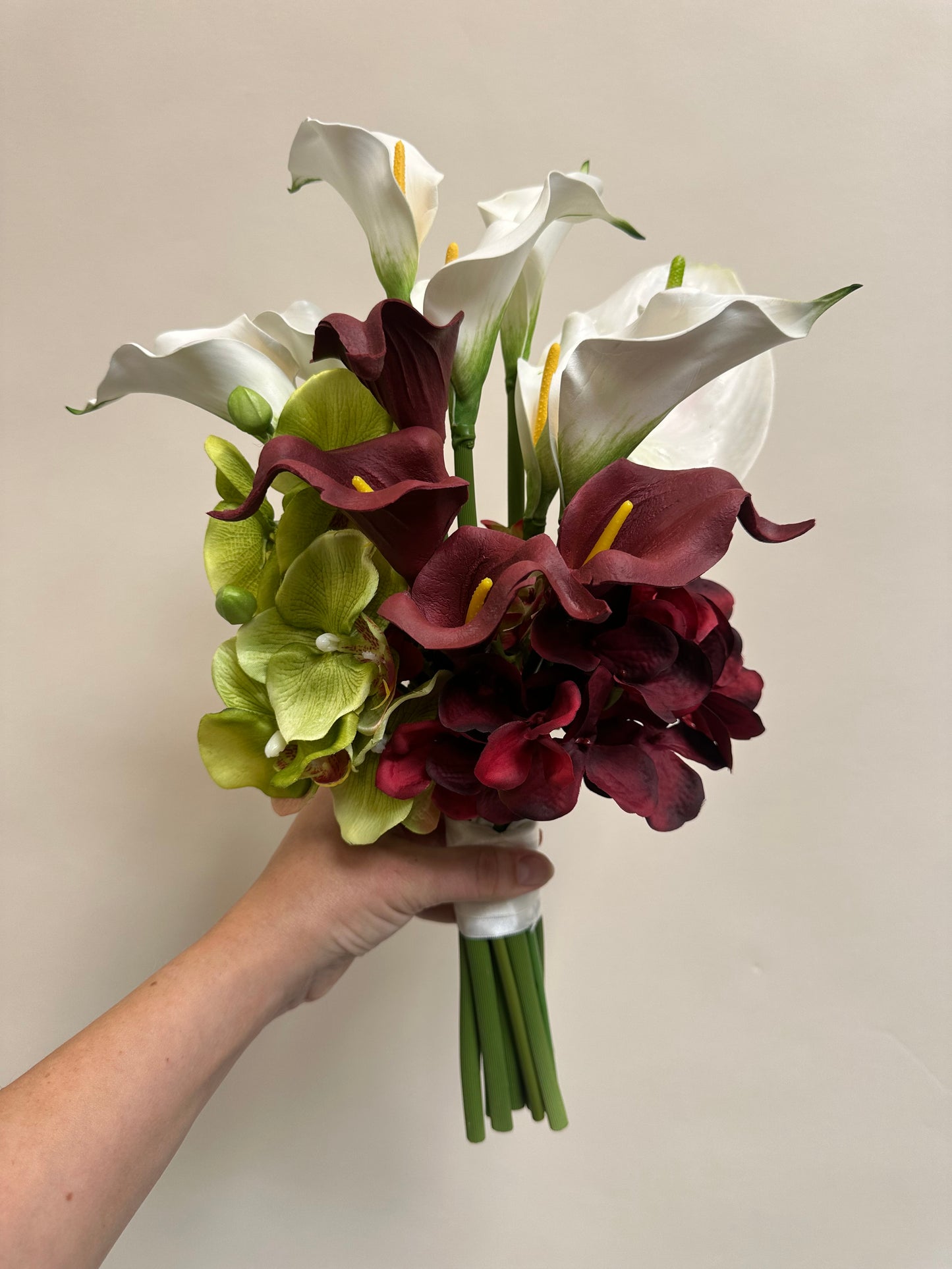 Merlot Artificial Bridal Bouquet – Orchid, Hydrangea, Calla Lily & Anthurium