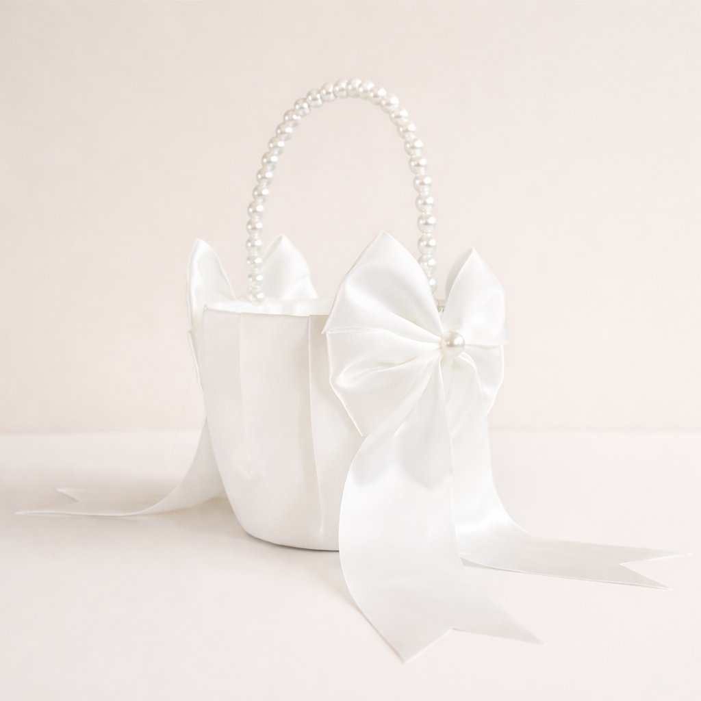 Elegant Satin Flower Girl Basket with Pearl Handle