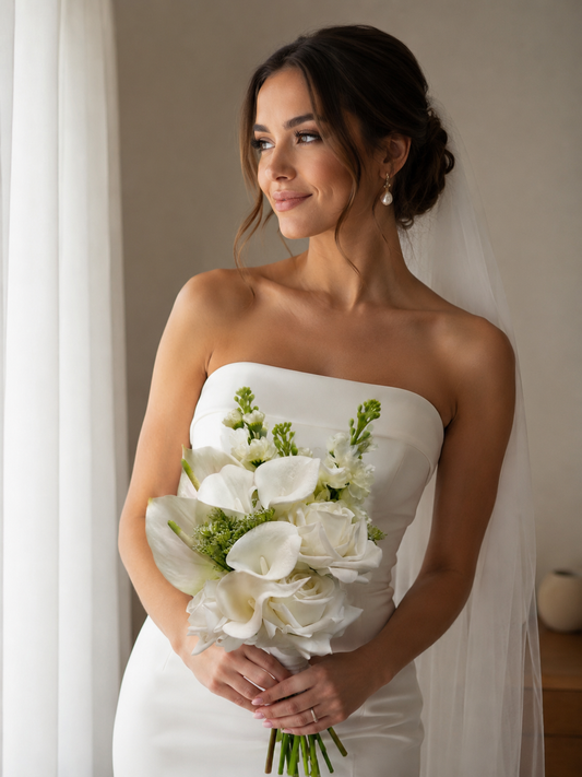 White rose, Calla lily & Stock flower Bridal Bouquet