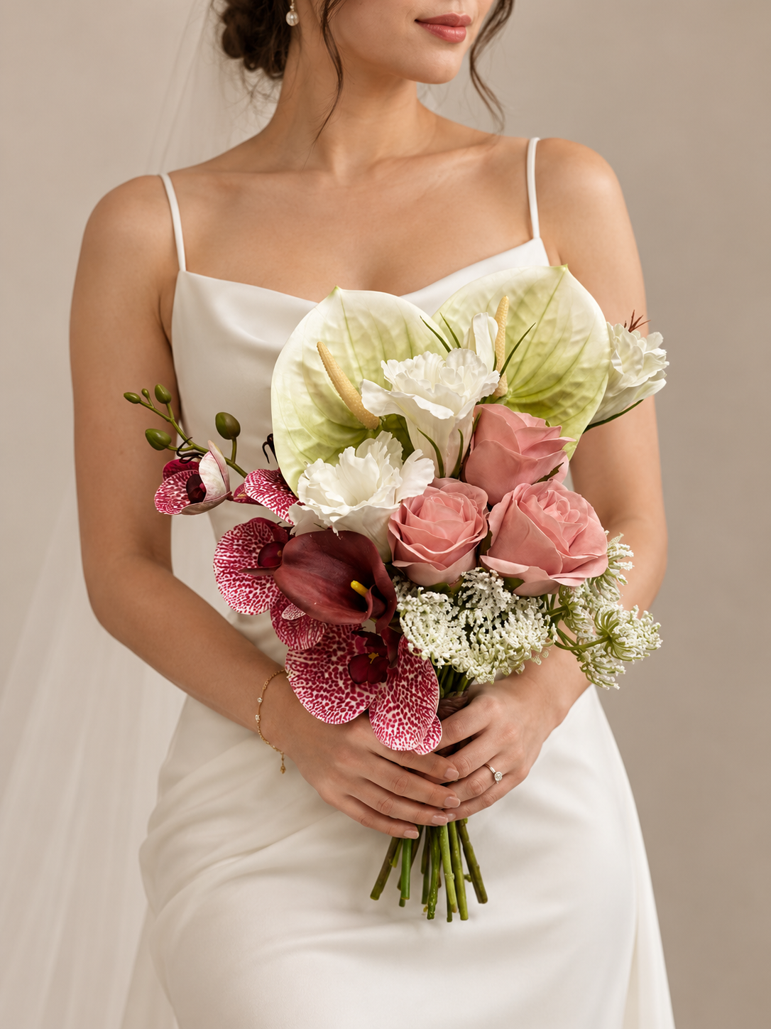 Pink Rose, Anthurium & Orchid - Luxury Cascading Artificial Wedding Bouquet