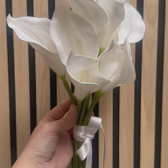 White calla lily artificial bridesmaid bouquet shown from multiple angles