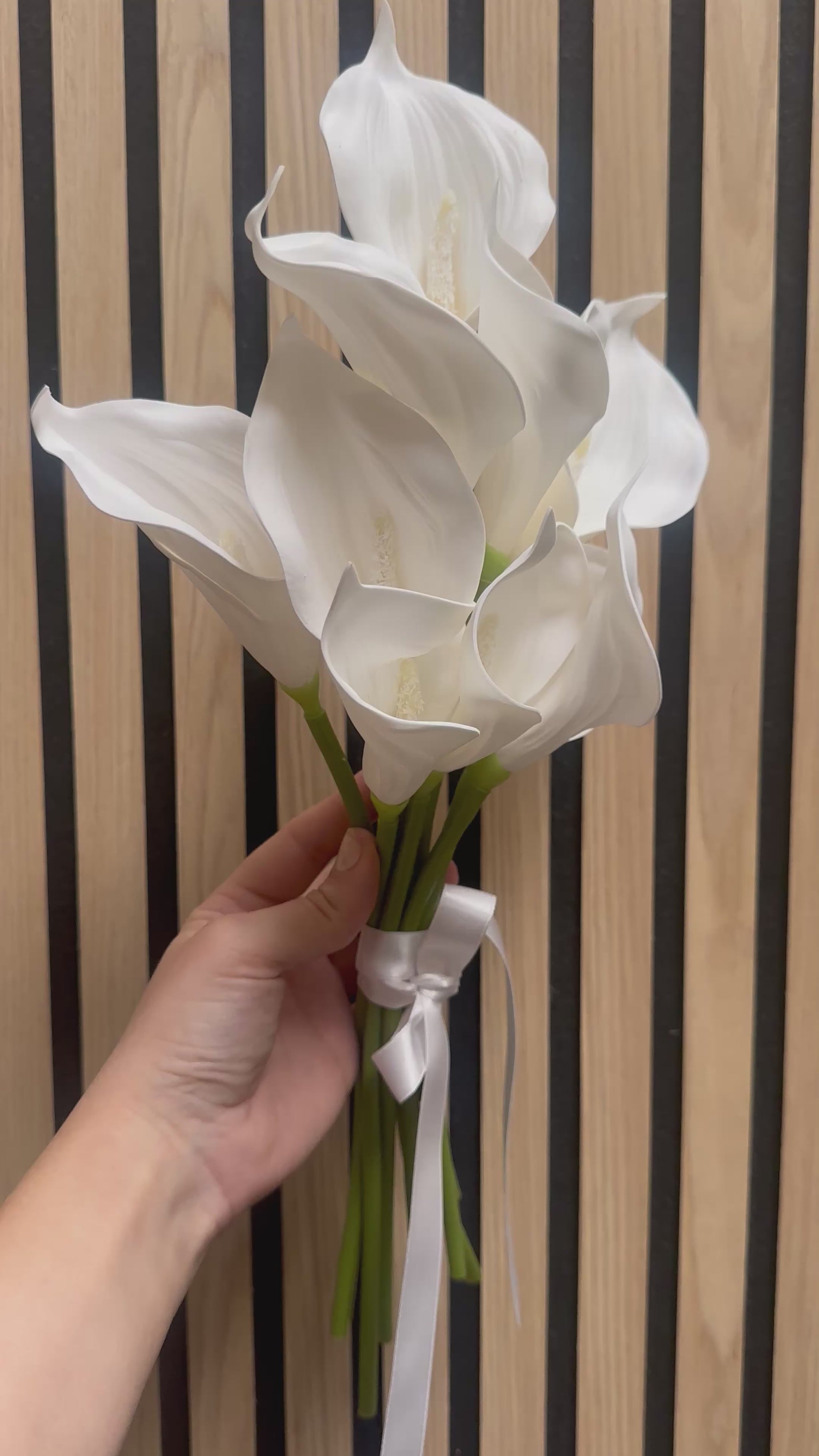 White calla lily artificial bridesmaid bouquet shown from multiple angles